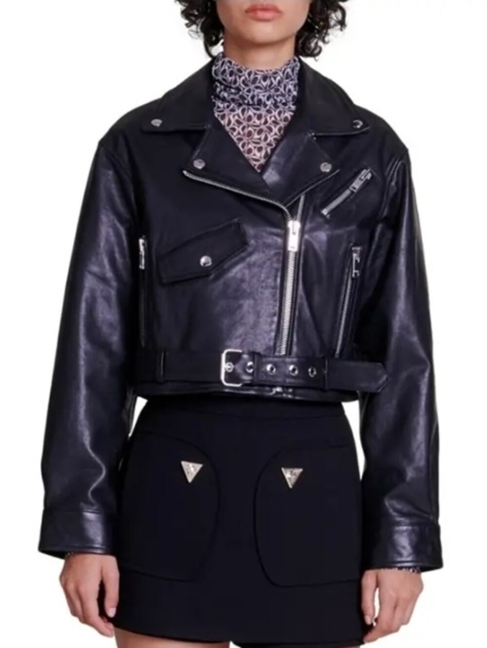 New Maje Besley Black Leather Biker Moto Jacket, Cropped Belted, FR 40/US 8 - Picture 4 of 15